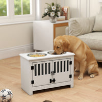 HKM-1556797 Dog Feeding Station with Storage Cabinet & Stainless Steel Bowls, White