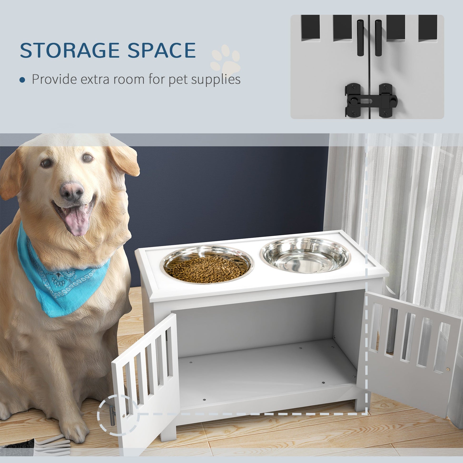 HKM-1556797 Dog Feeding Station with Storage Cabinet & Stainless Steel Bowls, White