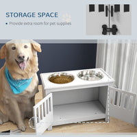 HKM-1556797 Dog Feeding Station with Storage Cabinet & Stainless Steel Bowls, White