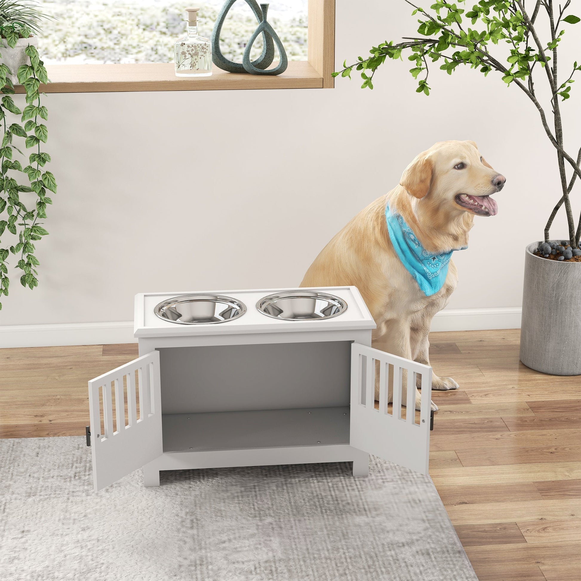 HKM-1556797 Dog Feeding Station with Storage Cabinet & Stainless Steel Bowls, White