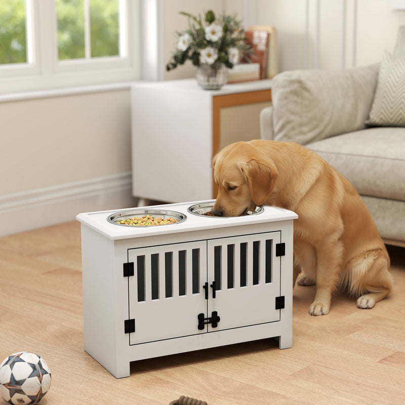 HKM-1556797 Dog Feeding Station with Storage Cabinet & Stainless Steel Bowls, White