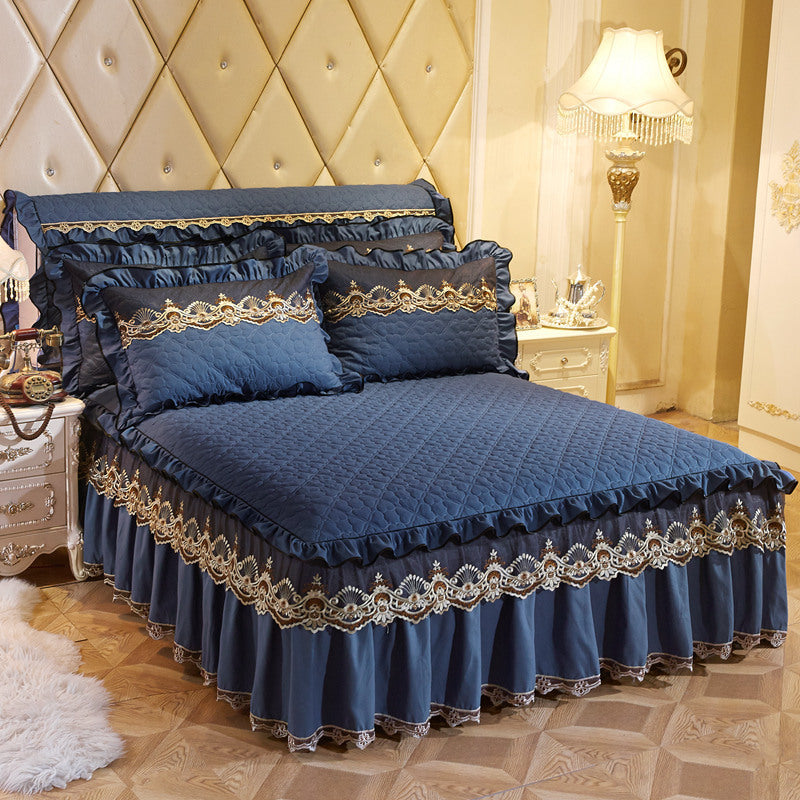 HKM-155731 European Style Quilted Lace Bed Skirt with Embroidery and Lotus Leaf Trim