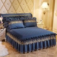 HKM-155731 European Style Quilted Lace Bed Skirt with Embroidery and Lotus Leaf Trim