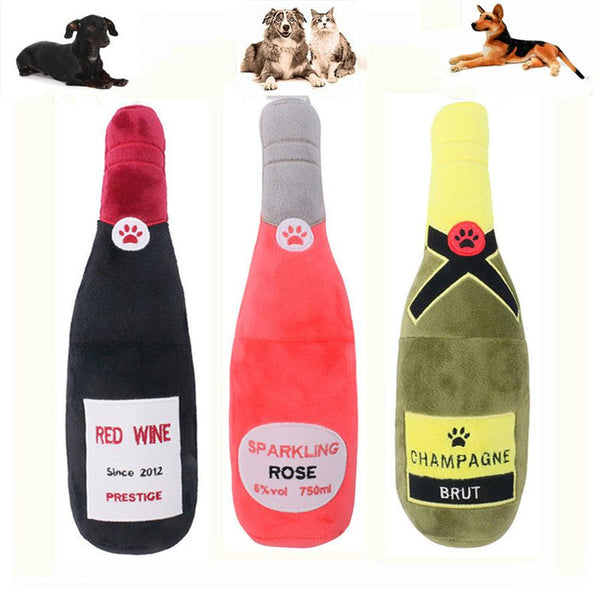 HKM-156243 Plush Chewing Toys for Cats and Dogs - Wine Bottle & Donut Design, 25cm Long, Available in Pink, Black, White