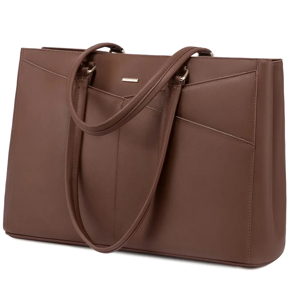 HKM-156435 Waterproof Leather Laptop Tote Bag for Women – 15.6 Inch Office Work Briefcase with Polyester Lining