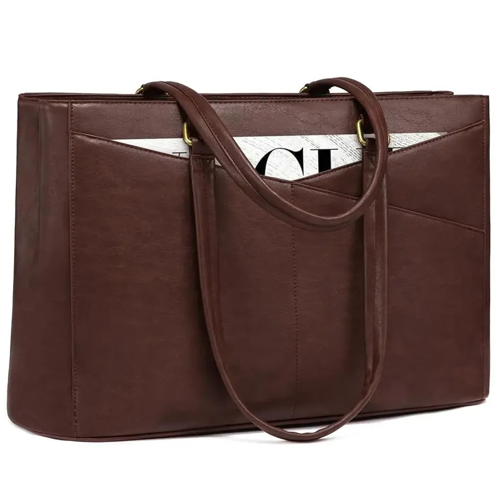 HKM-156435 Waterproof Leather Laptop Tote Bag for Women – 15.6 Inch Office Work Briefcase with Polyester Lining