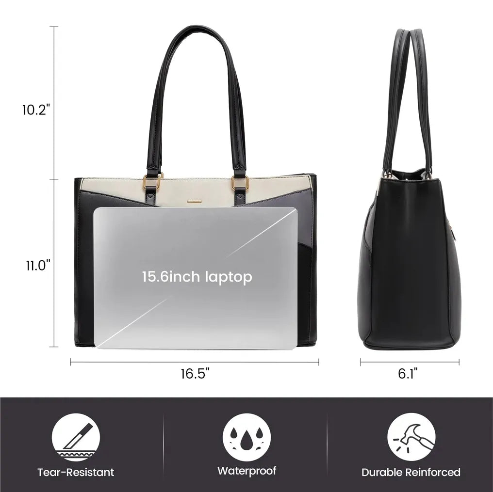 HKM-156435 Waterproof Leather Laptop Tote Bag for Women – 15.6 Inch Office Work Briefcase with Polyester Lining