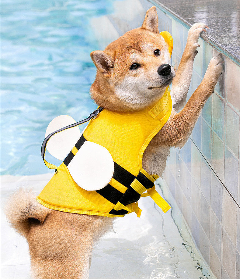 HKM-1564733 Cute Animal Shape Dog Life Jacket in Yellow Bee, Red Crab, White Swan Wings, Green Dinosaur, Blue-Yellow Stitching ¨C Sizes XS to XXL