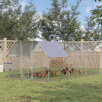 HKM-1566013 Large Metal Chicken Coop with Waterproof and UV-Resistant Cover, 9.2' x 18.7' x 6.4' Walk-In Chicken Run for Outdoor Use