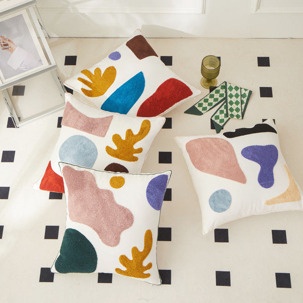 HKM-156691 Morandi Seaweed Color Block Plush Embroidery Pillowcase - All Cotton Canvas, 45x45 cm