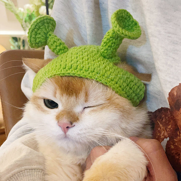 HKM-1567165 Green Plush Knitted Pet Hat for Spring and Summer, Adjustable Size for Small to Medium Pets