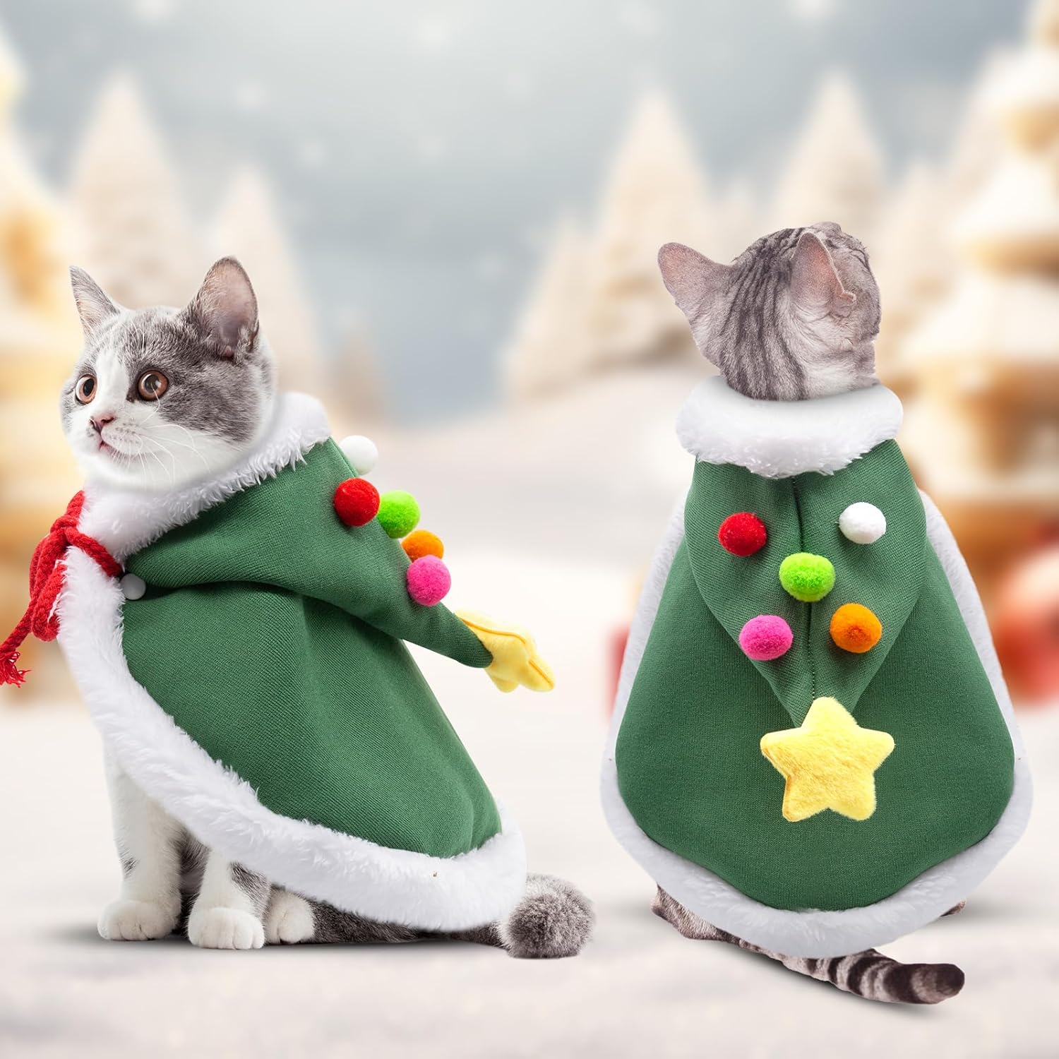 HKM-1567933 Cat Christmas Cape with Velvet Stars and Matching Hat for Pet Holiday Costume
