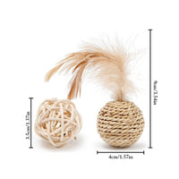 HKM-1569597 Interactive Rattan Ball Cat Toy Set with Faux Feather & Bell - 2pcs