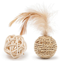 HKM-1569597 Interactive Rattan Ball Cat Toy Set with Faux Feather & Bell - 2pcs