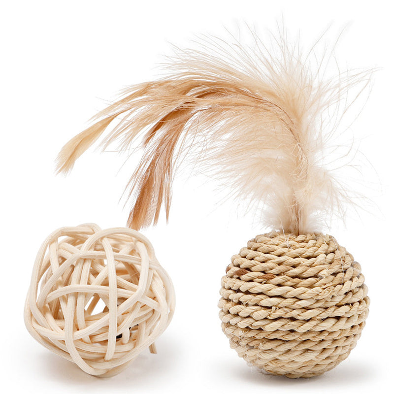 HKM-1569597 Interactive Rattan Ball Cat Toy Set with Faux Feather & Bell - 2pcs