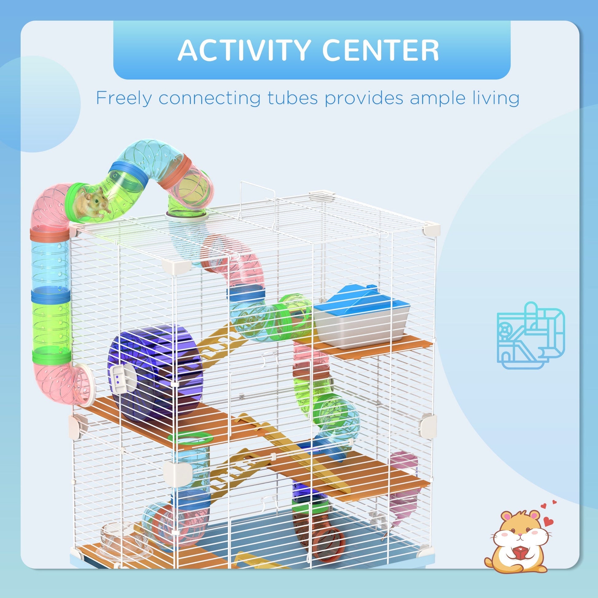 HKM-1571773 5-Tier Hamster Cage with Tubes, Exercise Wheel, and Accessories - Portable, Light Blue
