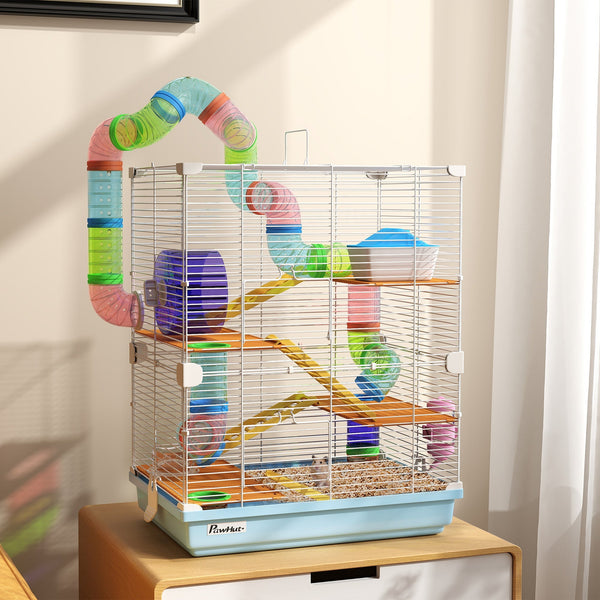HKM-1571773 5-Tier Hamster Cage with Tubes, Exercise Wheel, and Accessories - Portable, Light Blue
