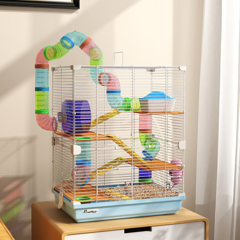 HKM-1571773 5-Tier Hamster Cage with Tubes, Exercise Wheel, and Accessories - Portable, Light Blue