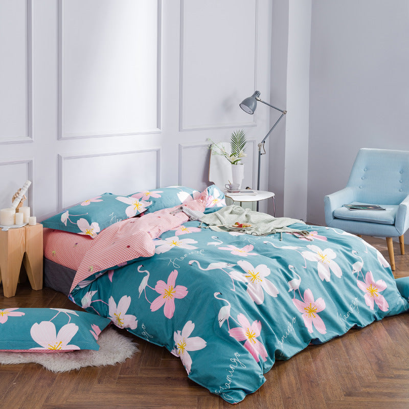 HKM-157203 Cotton Twill Print Bedding Set - Four-Piece Floral Design for 1.8m Beds