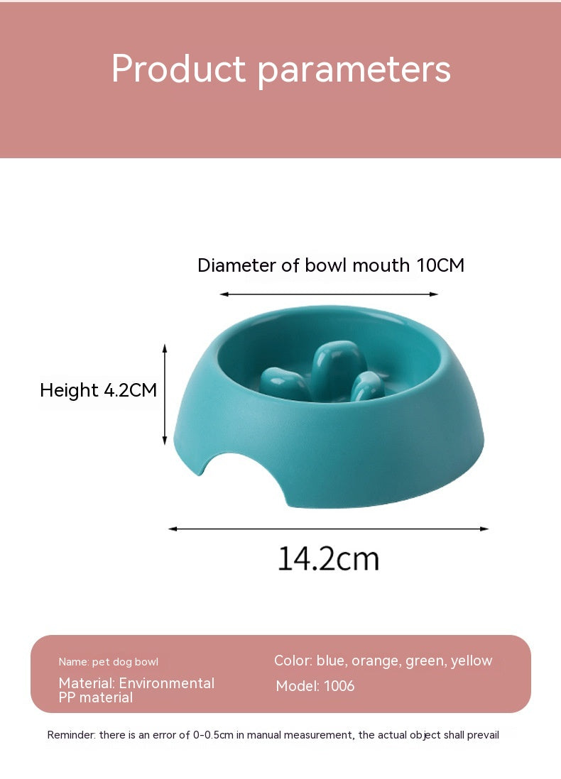 HKM-1574077 Pet Dog Slow Food Bowl Feeder - 14.2cm Diameter, Colors: Yellow, Orange, Blue, Green, Plastic