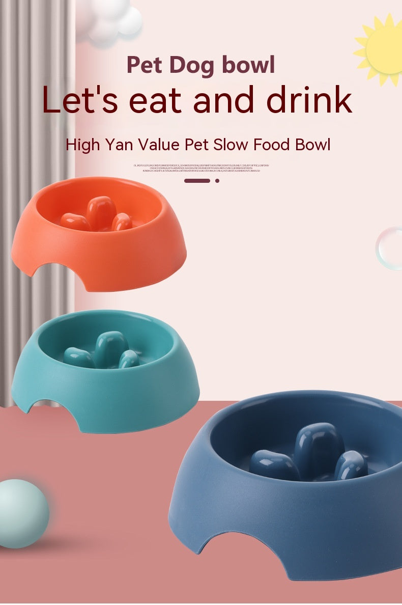 HKM-1574077 Pet Dog Slow Food Bowl Feeder - 14.2cm Diameter, Colors: Yellow, Orange, Blue, Green, Plastic