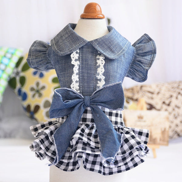 HKM-1576253 Denim Pet Princess Dress with Bowknot Skirt in Blue
