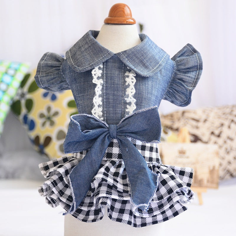 HKM-1576253 Denim Pet Princess Dress with Bowknot Skirt in Blue