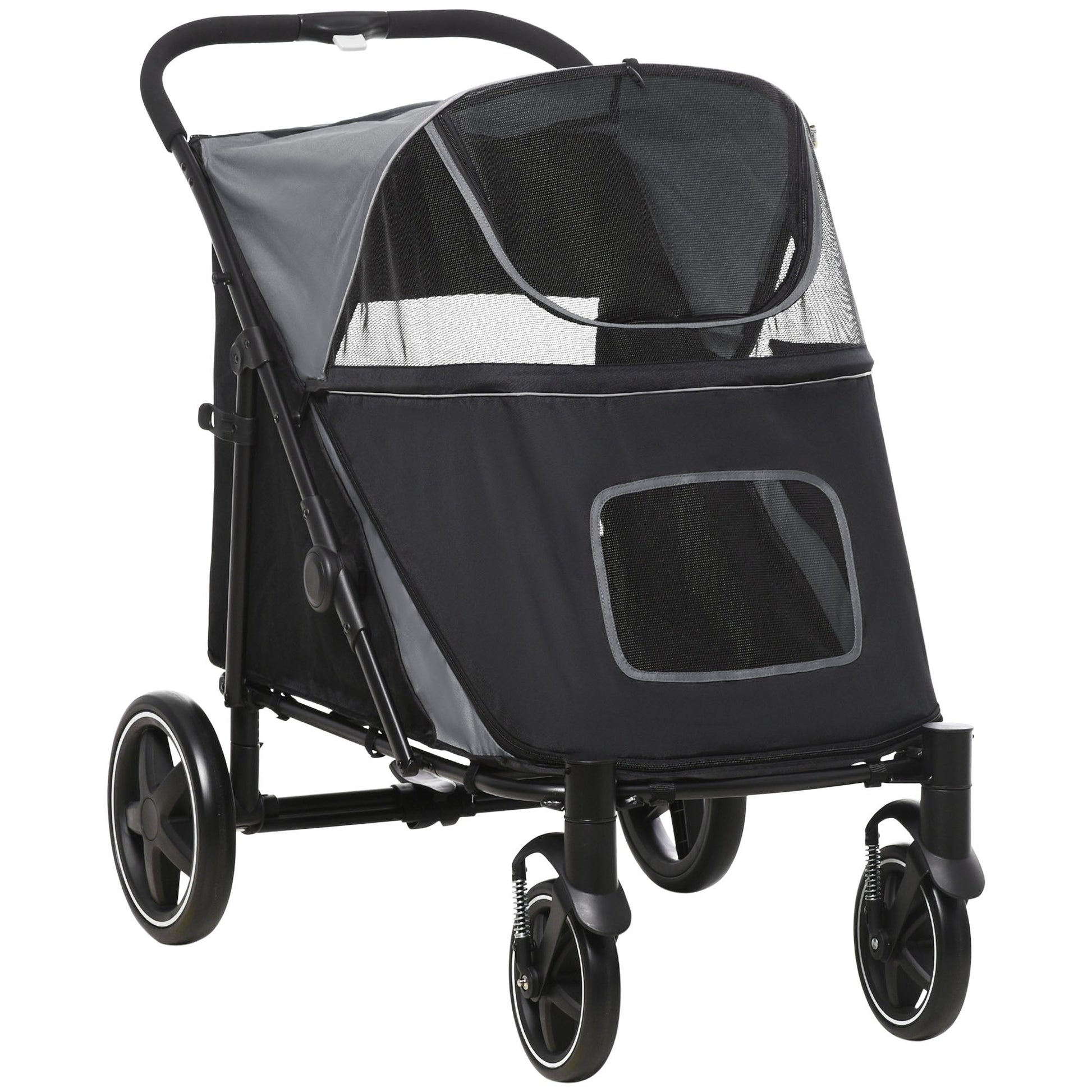 HKM-1579325 Dog Stroller for Medium to Large Pets, Foldable, Shock Absorbing with Storage Pockets, Safety Features, Gray