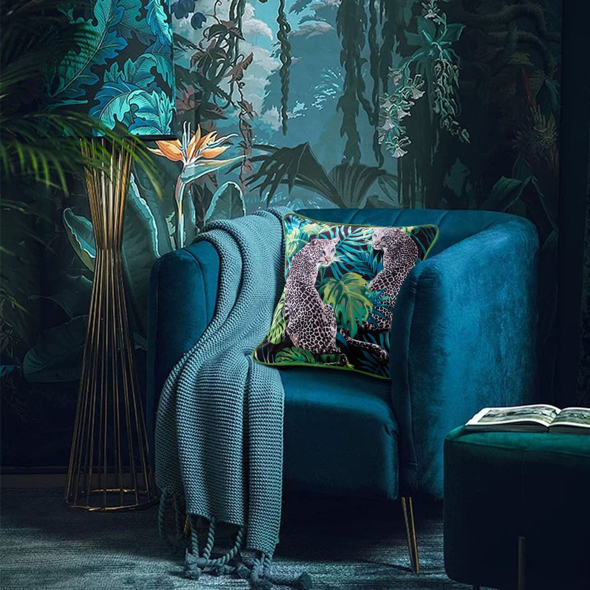 HKM-158099 Modern Dutch Velvet Pillow Case with Tropical Rainforest Print - 45x45 & 50x50 Sizes