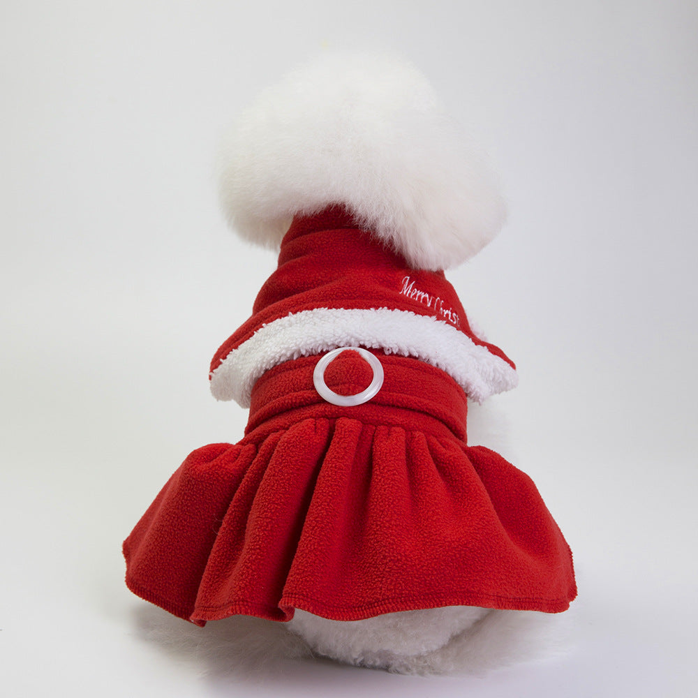 HKM-1587773 Stylish Fleece Christmas Dog Outfit with Button Skirt and Pants in Various Sizes