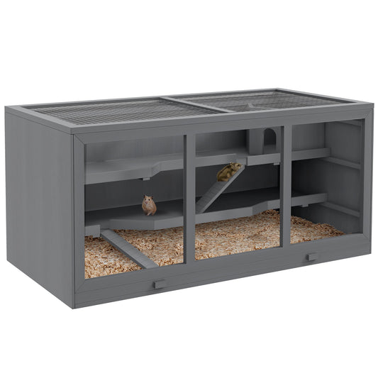 HKM-159187 Spacious Multi-Story Wooden Hamster Cage with Adjustable Roof and Easy Clean Design