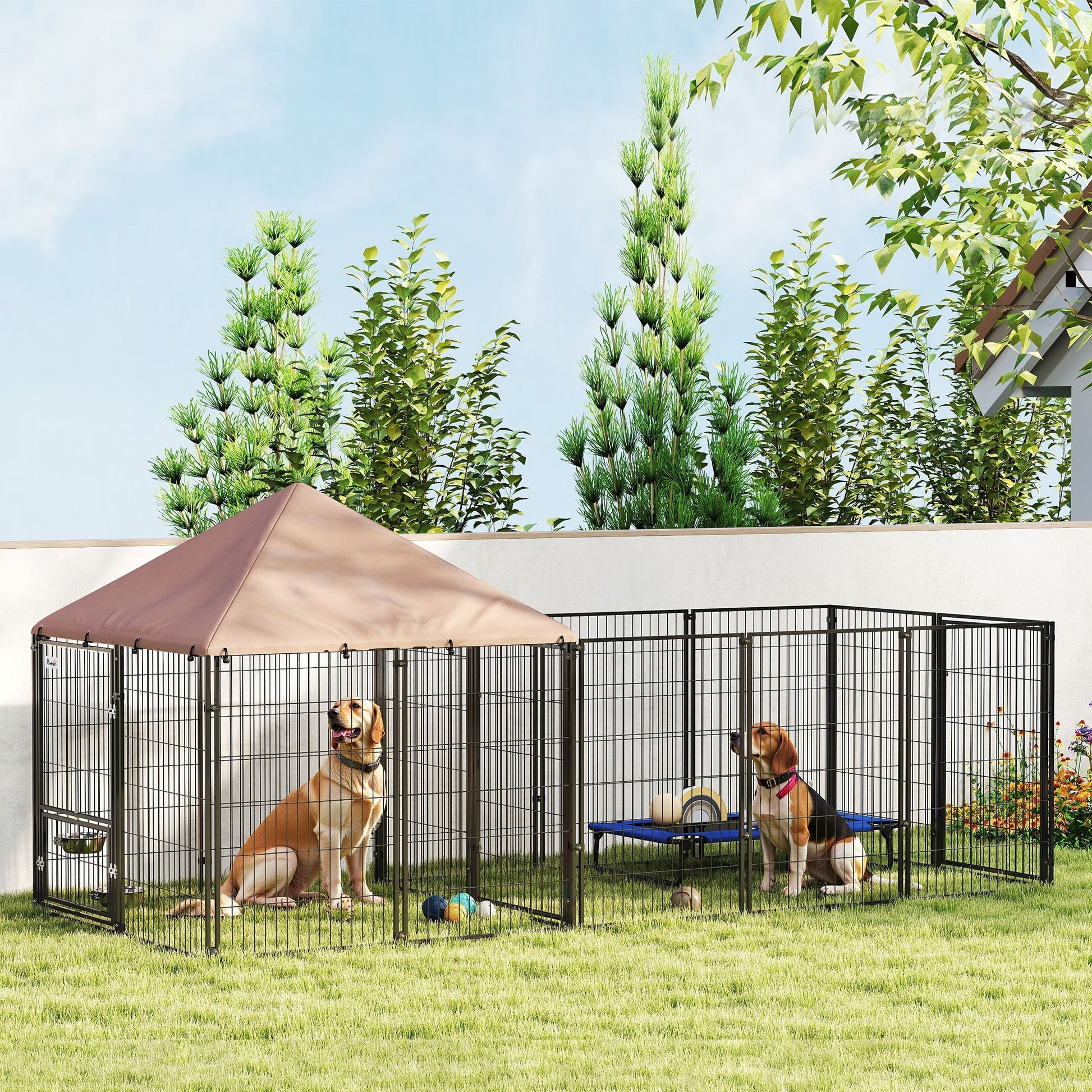 HKM-1593021 Spacious Outdoor Dog Kennel with Adjustable Bowls and UV-Resistant Canopy, 11.3' x 4.7' x 5.1'