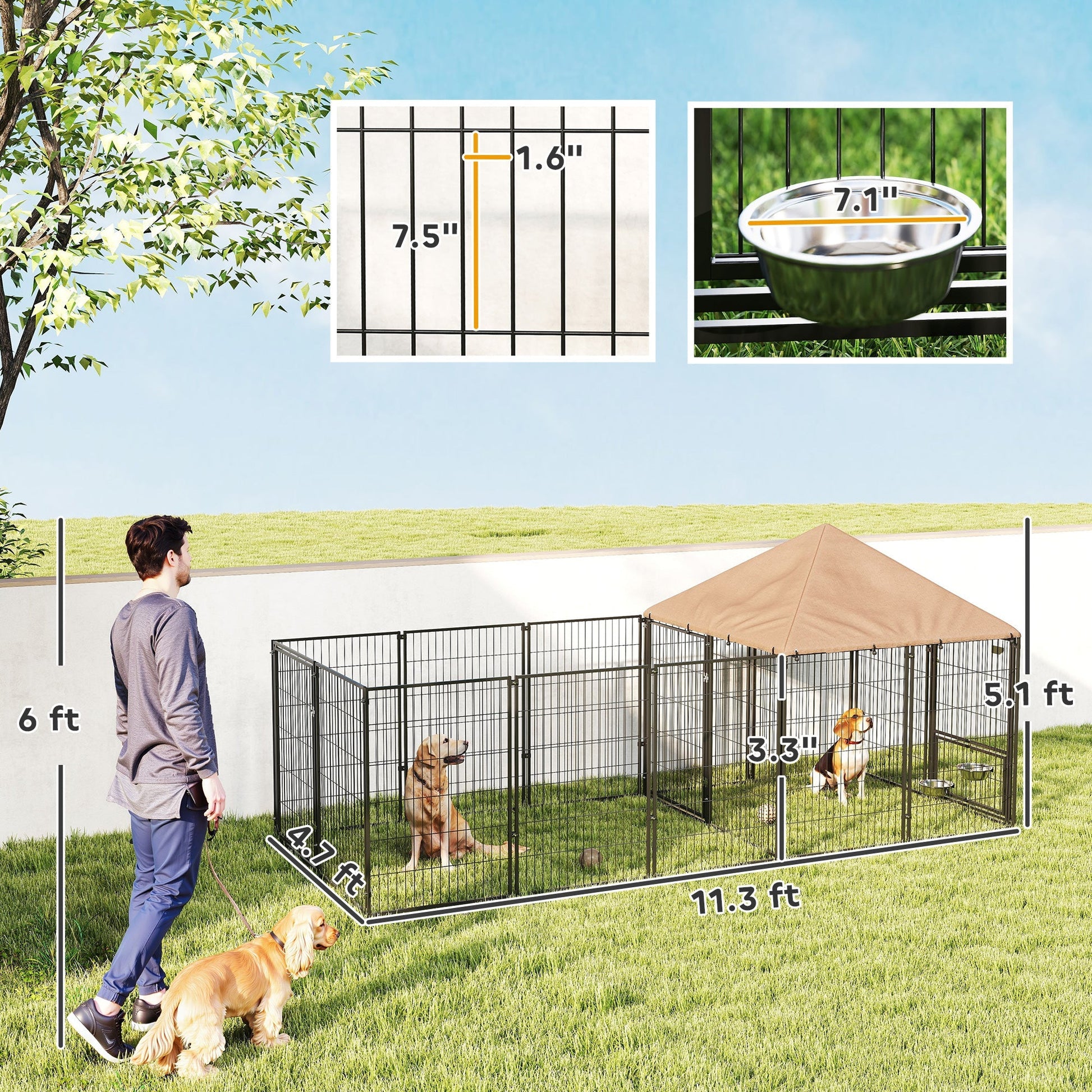 HKM-1593021 Spacious Outdoor Dog Kennel with Adjustable Bowls and UV-Resistant Canopy, 11.3' x 4.7' x 5.1'