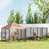 HKM-1593021 Spacious Outdoor Dog Kennel with Adjustable Bowls and UV-Resistant Canopy, 11.3' x 4.7' x 5.1'