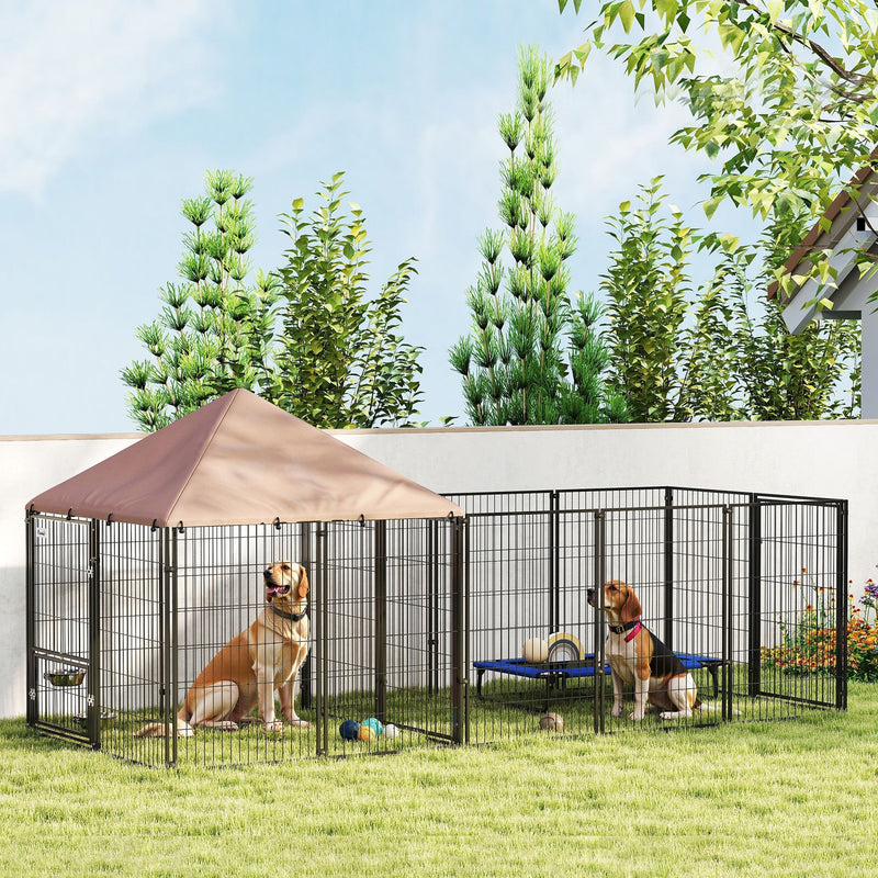 HKM-1593021 Spacious Outdoor Dog Kennel with Adjustable Bowls and UV-Resistant Canopy, 11.3' x 4.7' x 5.1'