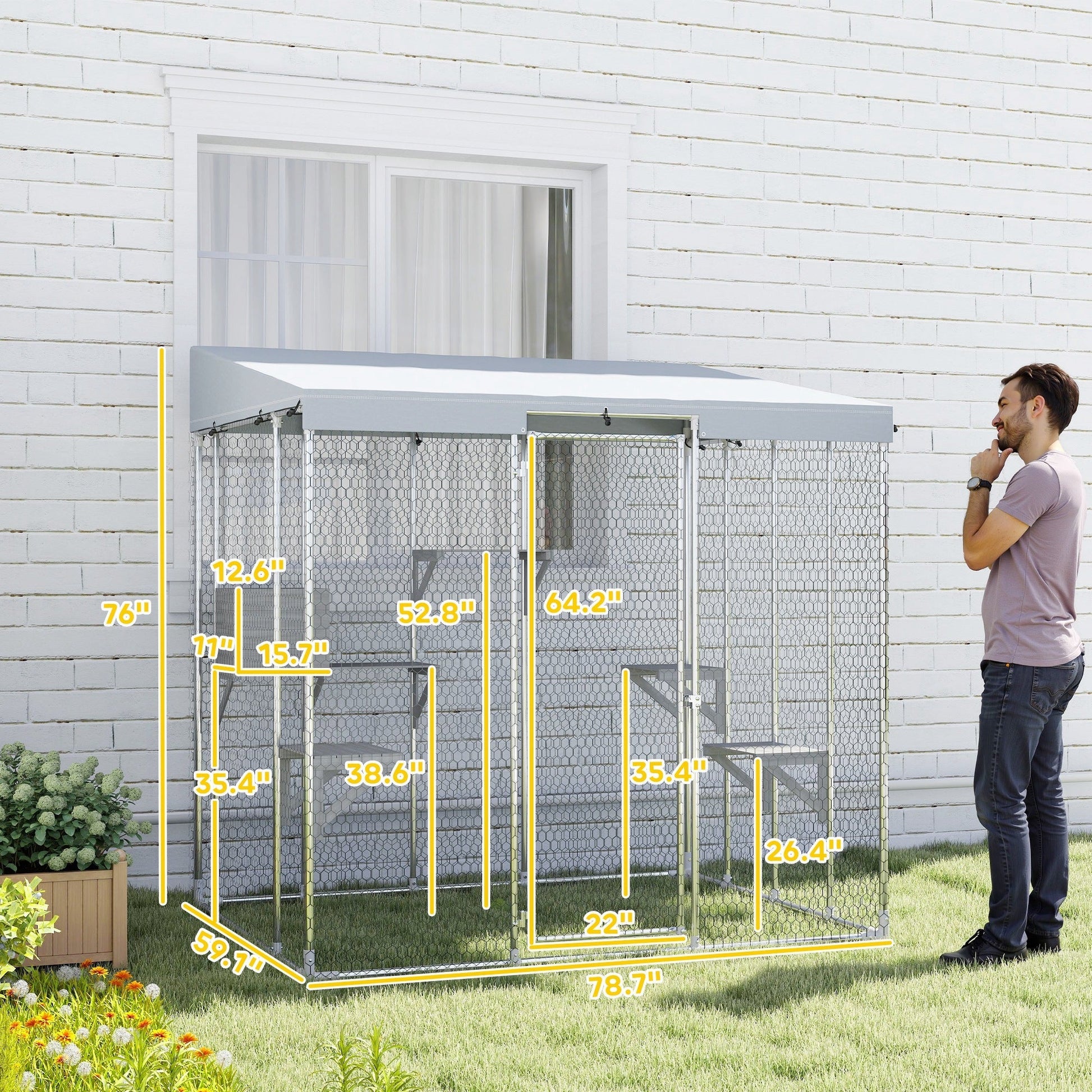 HKM-1595197 Large Outdoor Cat Enclosure with Waterproof Canopy, Sleeping Box & Jumping Platforms for 1-3 Cats, 79" Galvanized Steel