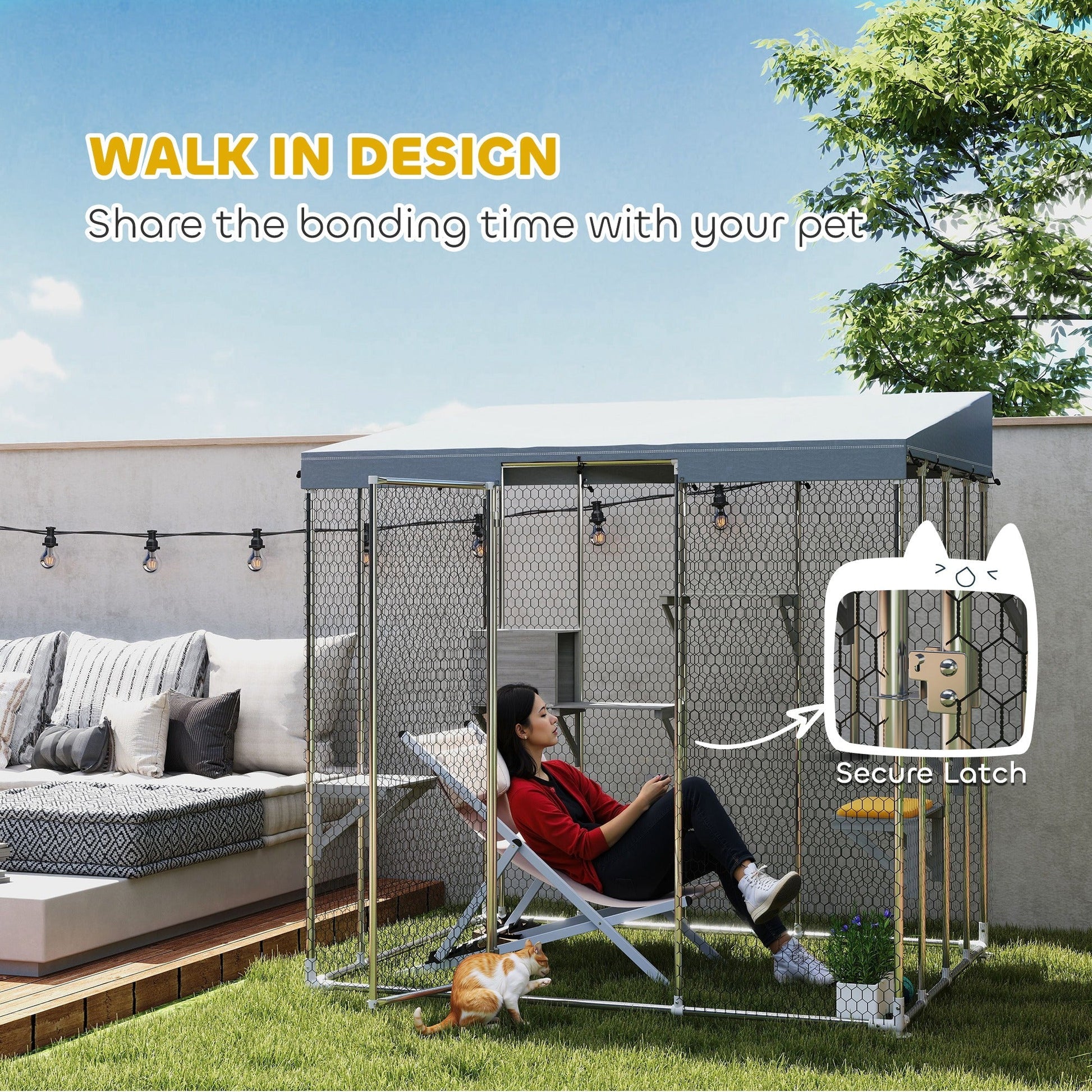 HKM-1595197 Large Outdoor Cat Enclosure with Waterproof Canopy, Sleeping Box & Jumping Platforms for 1-3 Cats, 79" Galvanized Steel