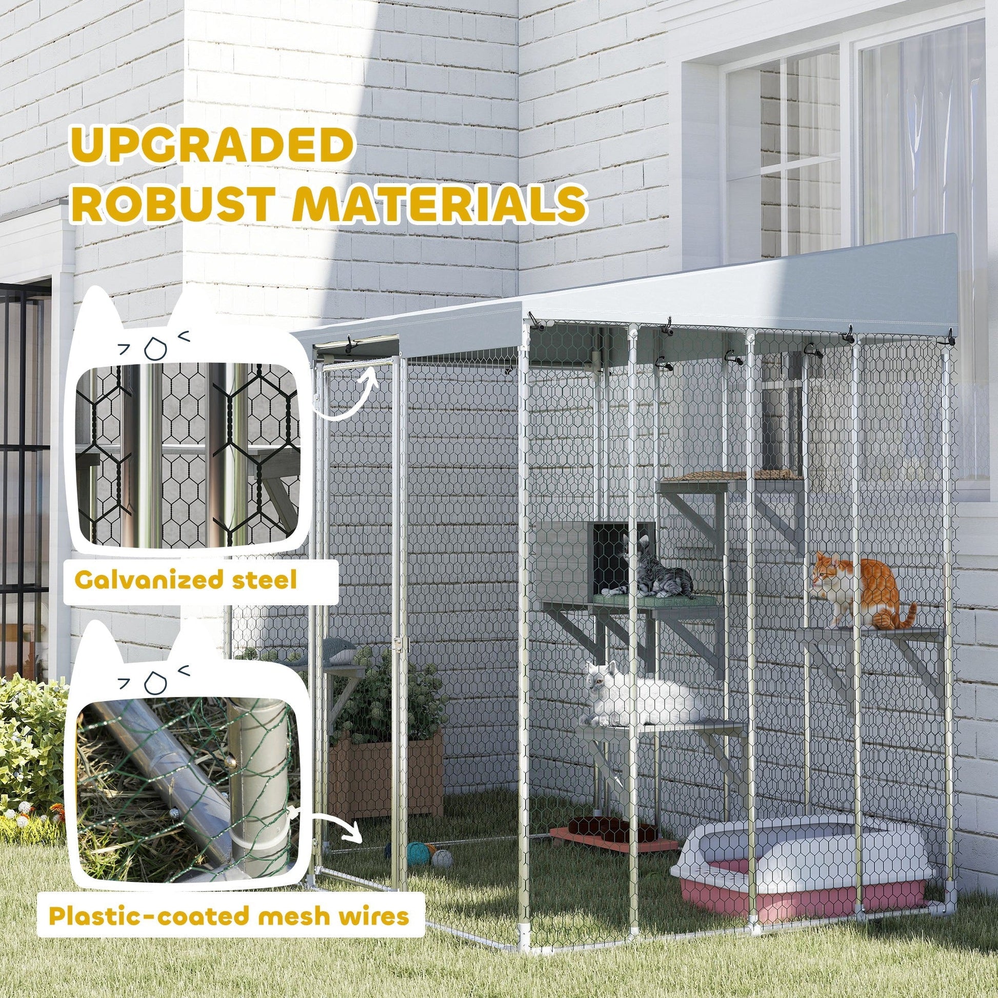HKM-1595197 Large Outdoor Cat Enclosure with Waterproof Canopy, Sleeping Box & Jumping Platforms for 1-3 Cats, 79" Galvanized Steel