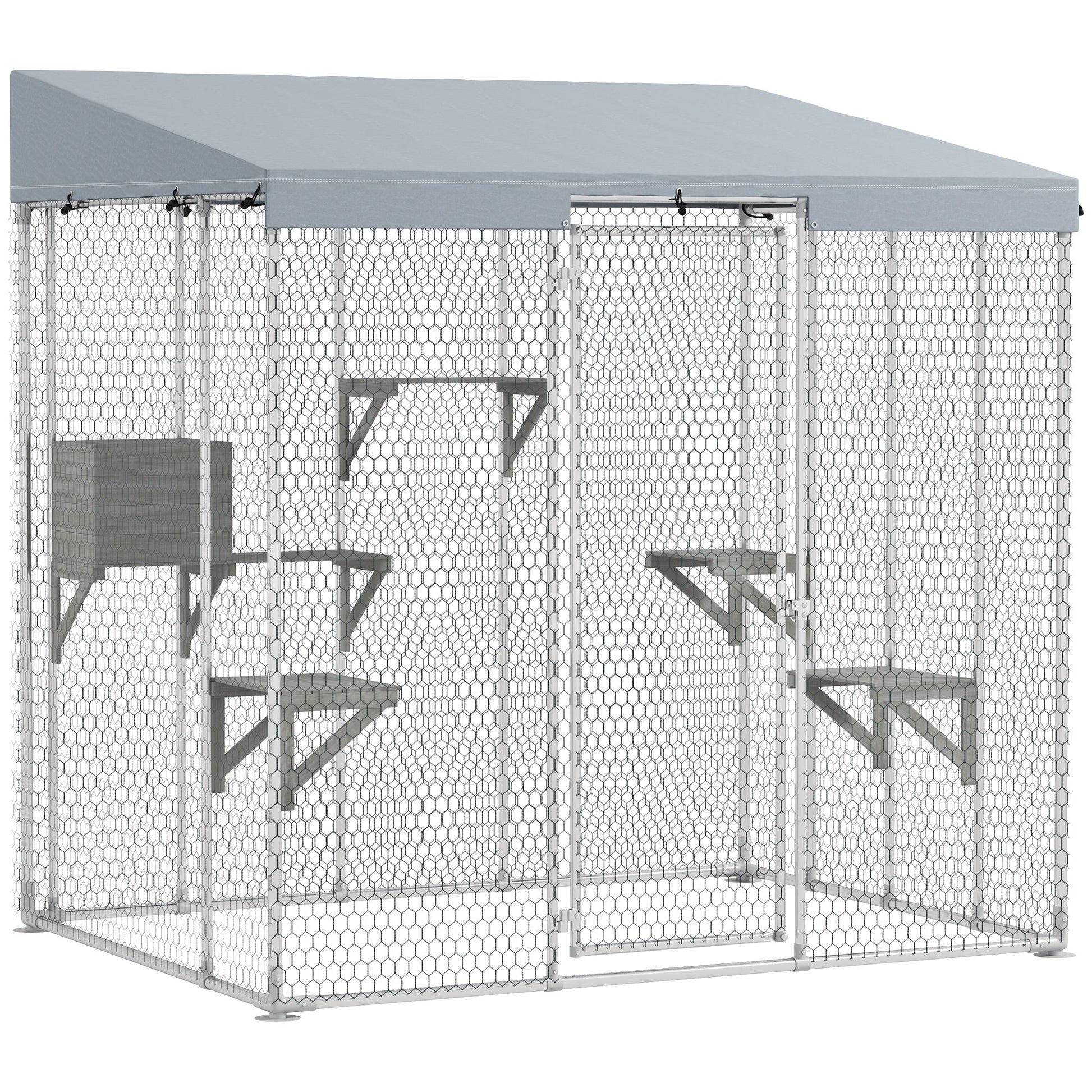 HKM-1595197 Large Outdoor Cat Enclosure with Waterproof Canopy, Sleeping Box & Jumping Platforms for 1-3 Cats, 79" Galvanized Steel