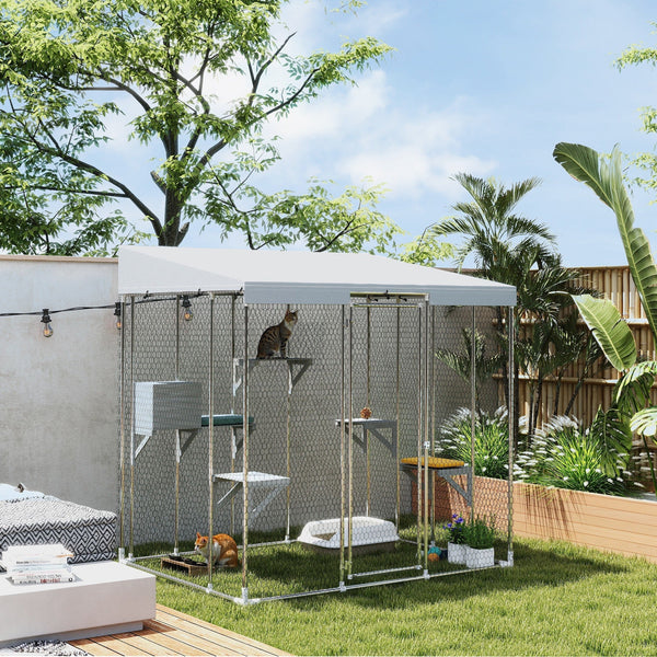 HKM-1595197 Large Outdoor Cat Enclosure with Waterproof Canopy, Sleeping Box & Jumping Platforms for 1-3 Cats, 79" Galvanized Steel