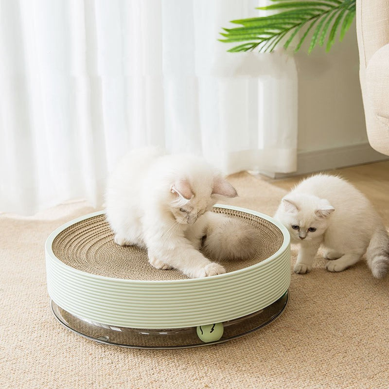 HKM-1595325 Three-in-One Corrugated Cat Scratch Board and Toy with Balls - Grey Green / Milky White