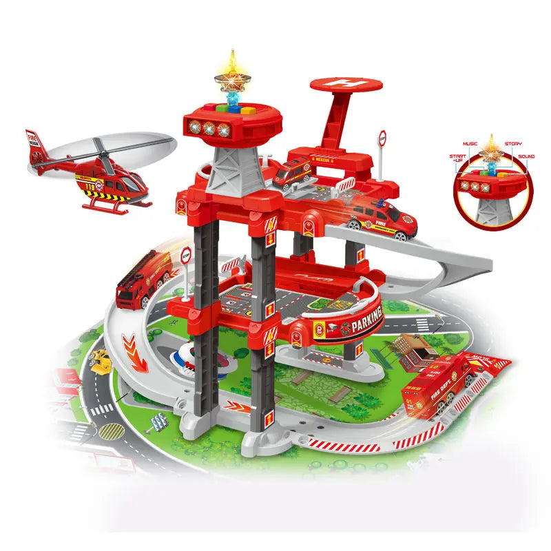HKM-160147 3-Level Car Parking Garage Toy with 2 Die Cast Cars for Kids Age 2-7