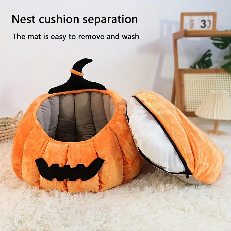 HKM-1602365 Cozy Cartoon Pumpkin Pet Bed for Cats and Small Dogs - Soft Plush Nest for Fall and Winter
