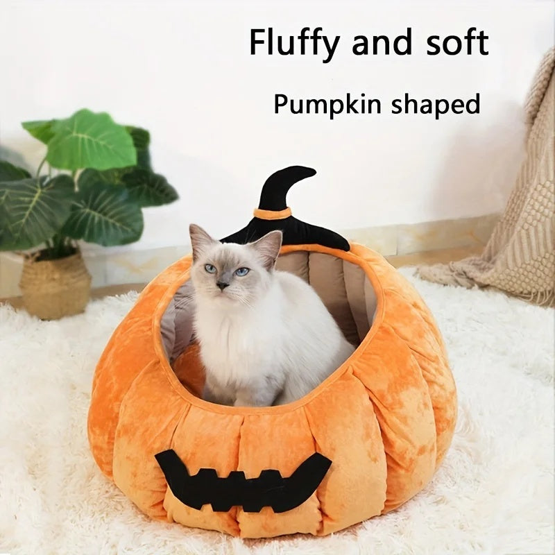 HKM-1602365 Cozy Cartoon Pumpkin Pet Bed for Cats and Small Dogs - Soft Plush Nest for Fall and Winter
