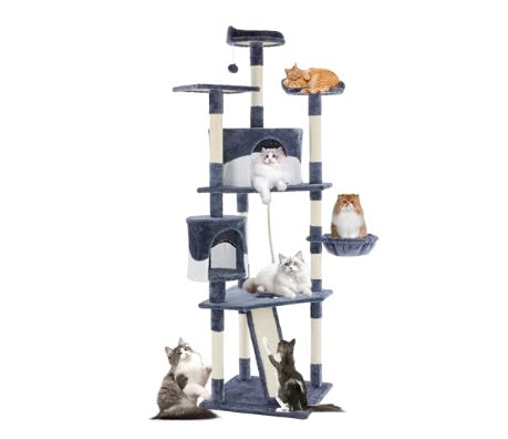 HKM-1606333 79-Inch Multi-Story Cat Tree with Natural Sisal Scratching Posts, Extended Platform, and Hammock for Indoor Cats