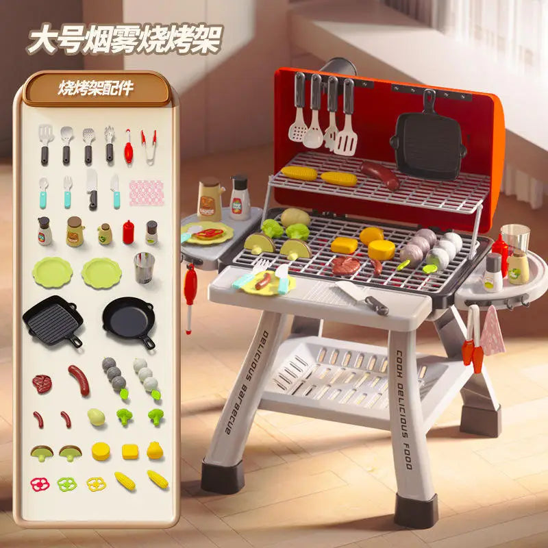 HKM-160787 41-Piece Kids Pretend Play Kitchen BBQ Grill Play Set with Double Deck BBQ and Food Accessories