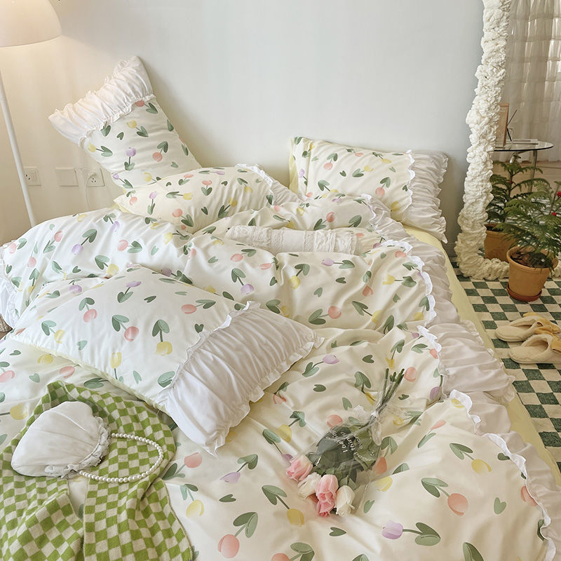 HKM-161171 Elegant French Lace Pleated Bed Skirt Set with Floral Design - Available in Multiple Sizes