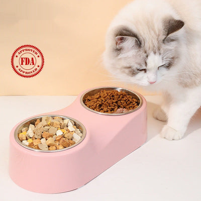 HKM-1612477 Double Bowl Cat Water Bowl in Pink and Gray - ABS Stainless Steel Design