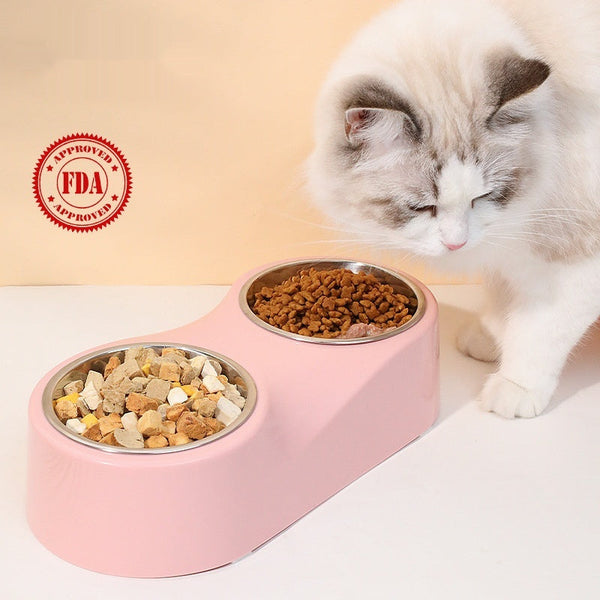 HKM-1612477 Double Bowl Cat Water Bowl in Pink and Gray - ABS Stainless Steel Design