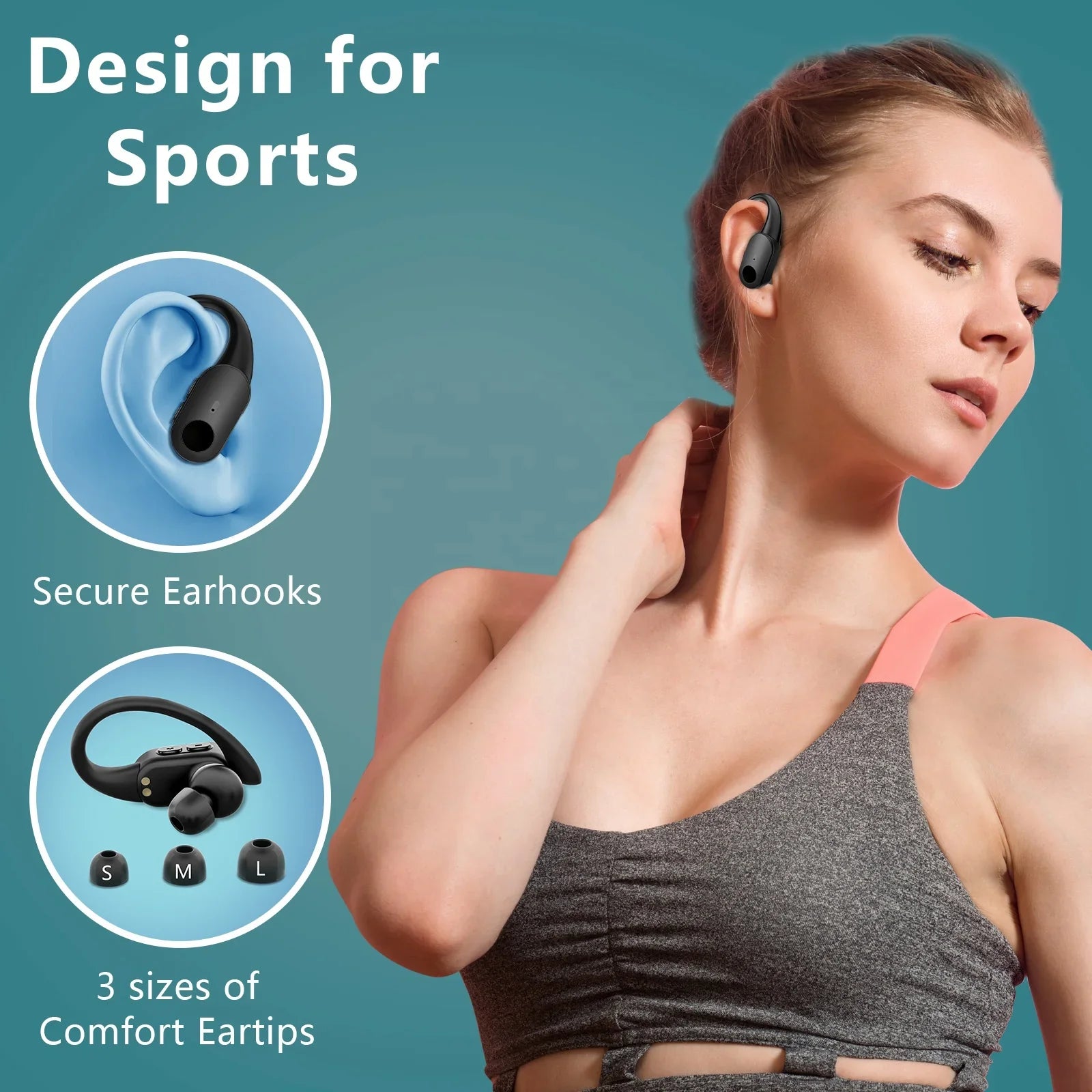 HKM-161491 Bluetooth 5.3 TWS Earbuds with Earhooks, 10 Hours Playtime, IPX7 Waterproof, Noise Reduction for Sports